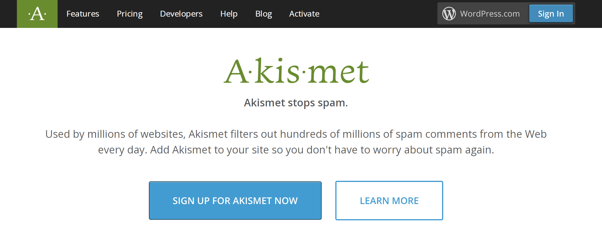 Homepage di Akismet con lo slogan "Akismet blocca lo spam"