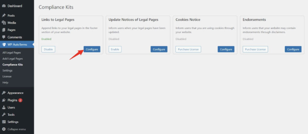 WP AutoTerms でコンプライアンス キットを有効にする