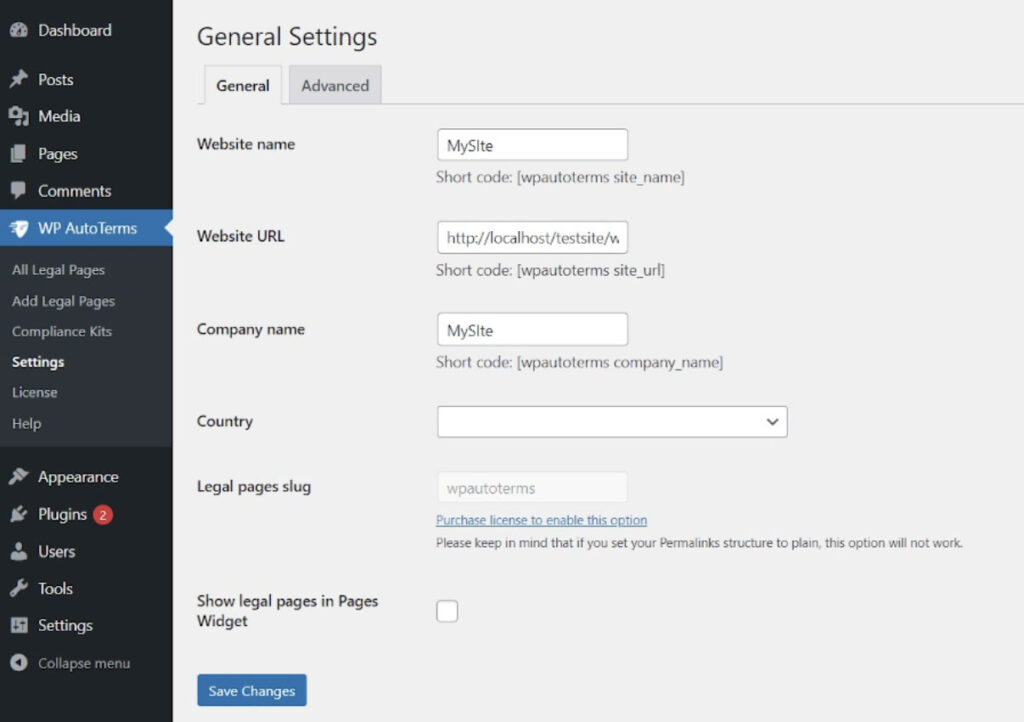 Configurando as configurações do WP AutoTerms.