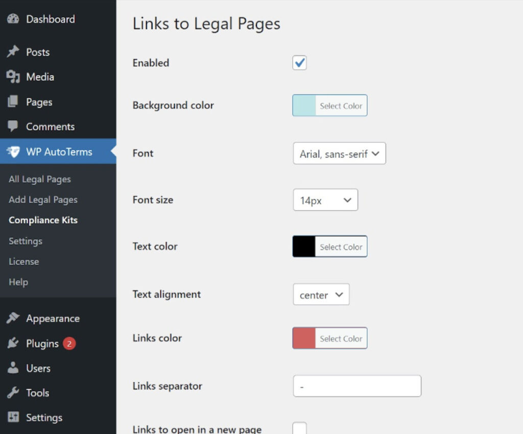 การปรับแต่งลิงค์ไปยังหน้ากฎหมายใน WP AutoTerms