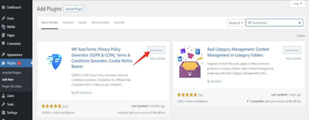 Instalarea pluginului WP AutoTerms în WordPress