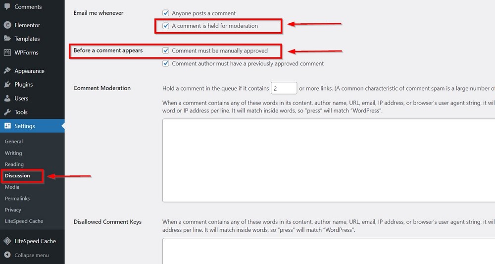 configuración moderada de comentarios para detener los comentarios de spam