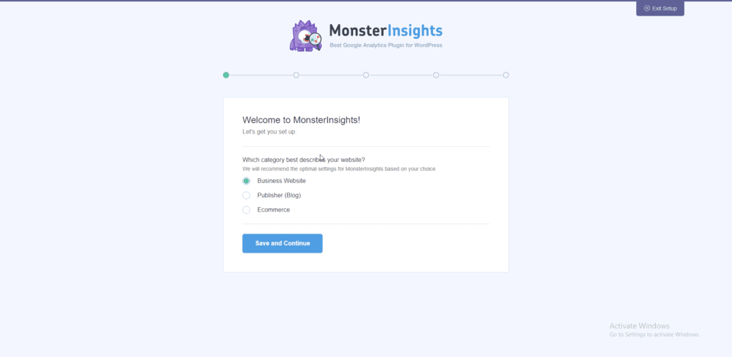 Seleziona il tipo di sito web e salva