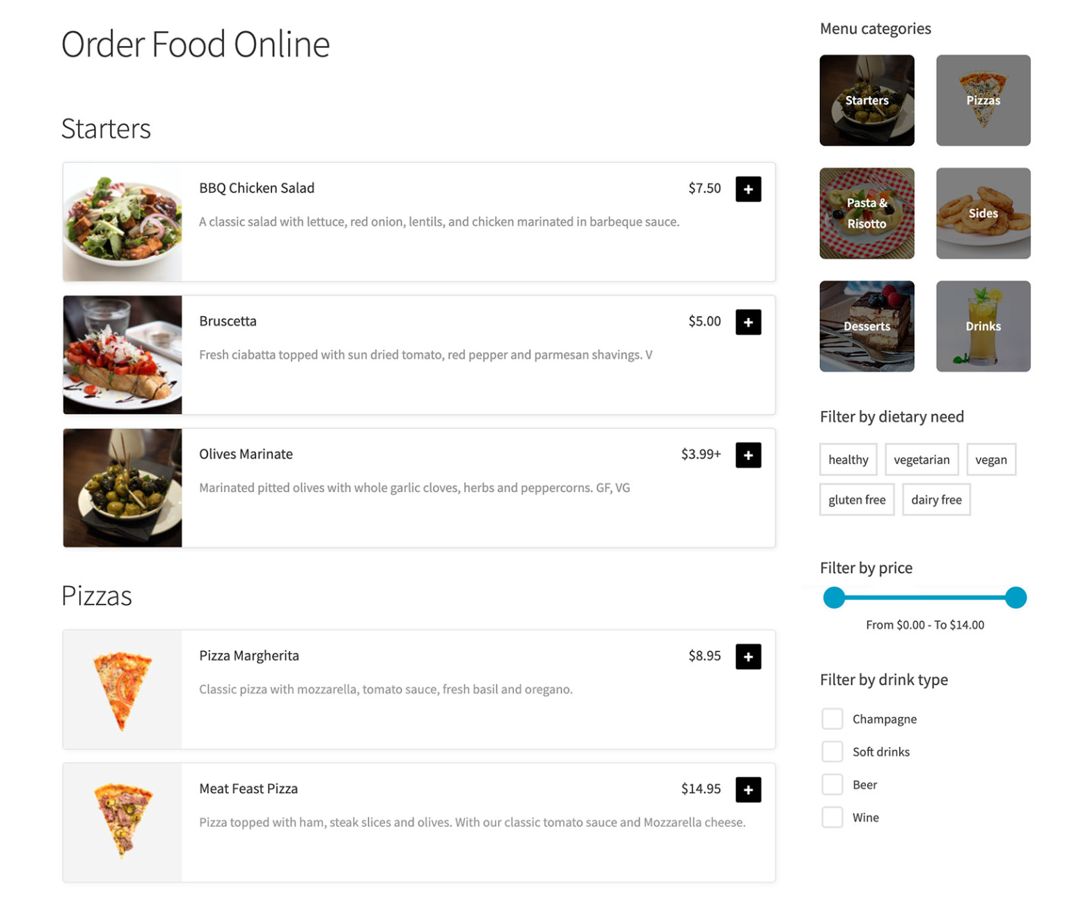 Online Restaurant With Product Filters