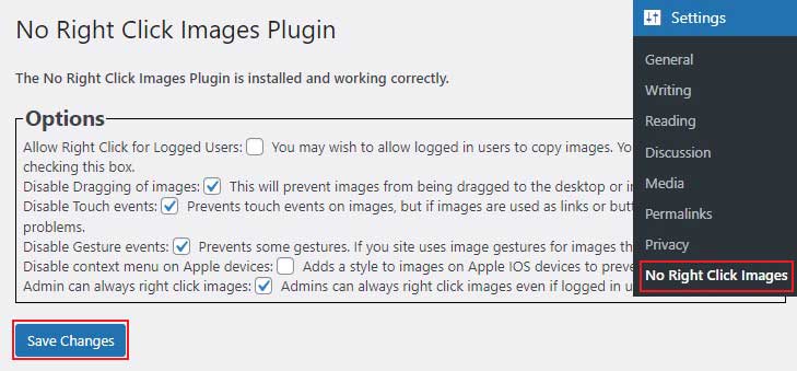 No Right Click Images Plugin での設定の構成