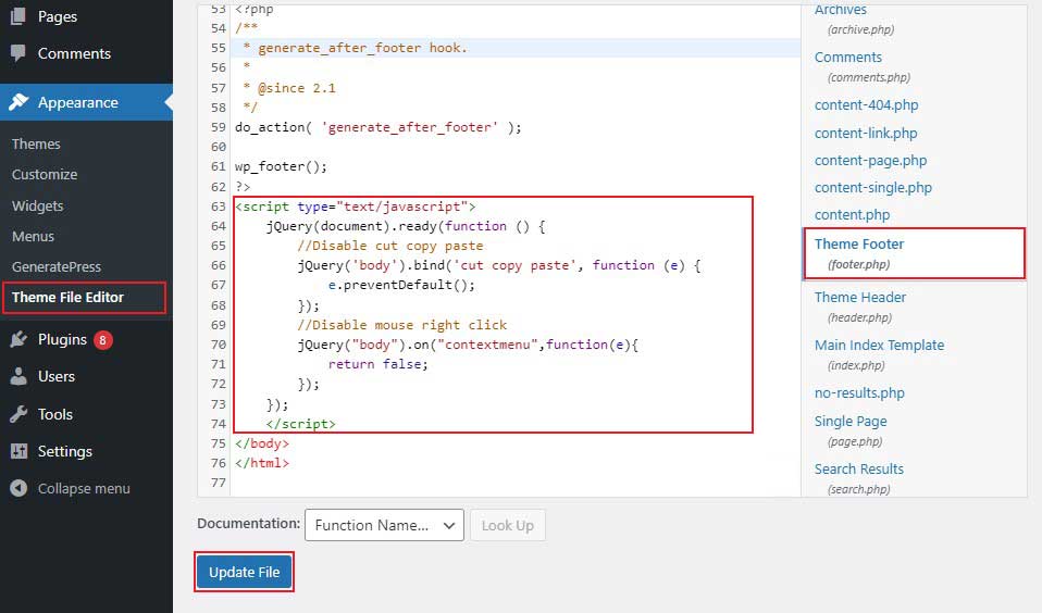 Scrivi Disattiva fare clic con il pulsante destro del mouse sul codice jQuery nel file a piè di pagina dell'editor di temi di WordPress