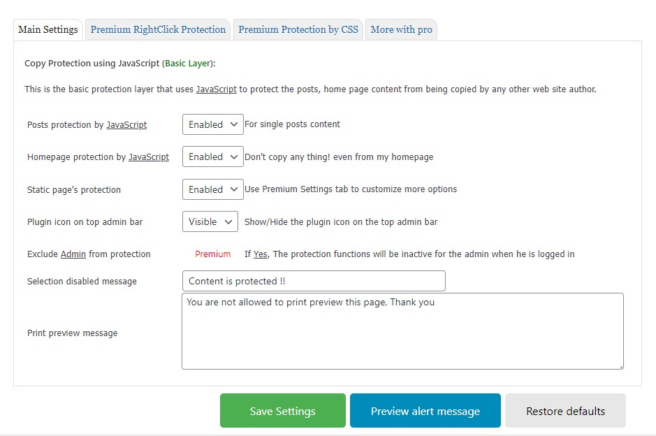 Настройки плагина защиты от копирования контента WP
