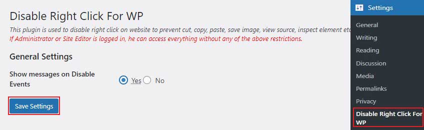 Configurarea setărilor generale în Dezactivați clic dreapta pentru pluginul WP