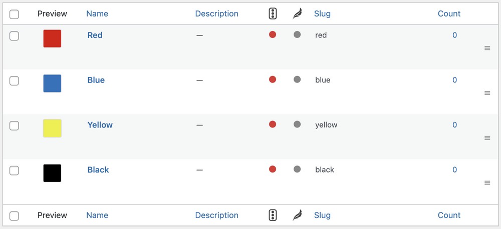 Lista de variantes de color