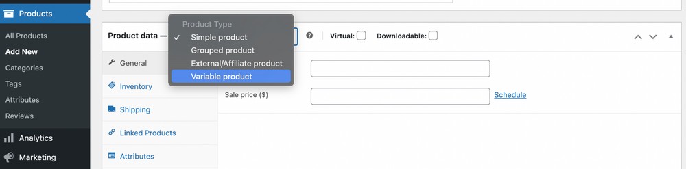 Sélectionnez Produit variable parmi les options fournies