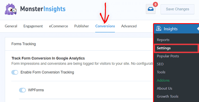 MonsterInsights settings - conversions tab