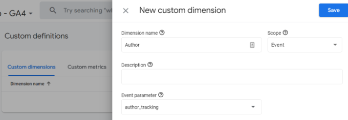 Entrez les détails de la dimension dans ga4