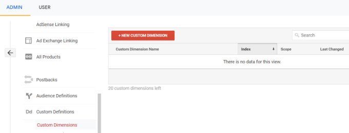 新しいカスタム ディメンションをクリックします