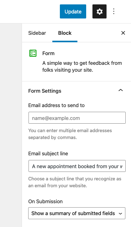 configuraciones disponibles para un bloque de formulario