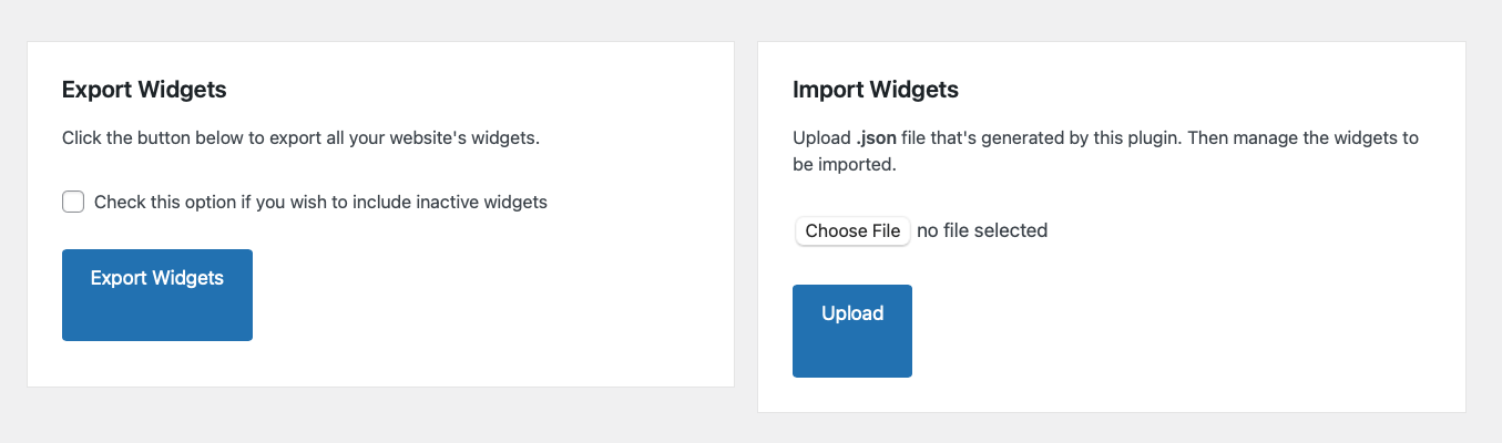 opciones para importar y exportar widgets