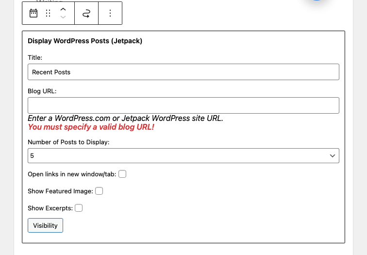 ตัวเลือกสำหรับวิดเจ็ต Jetpack Display WordPress Posts