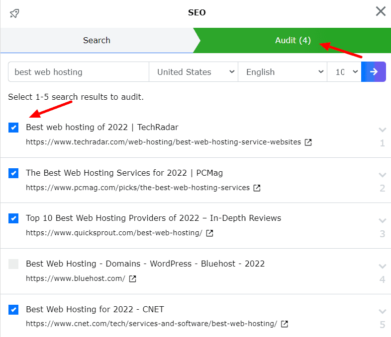 ClosersCopy - Selecionar resultados para auditoria de SEO