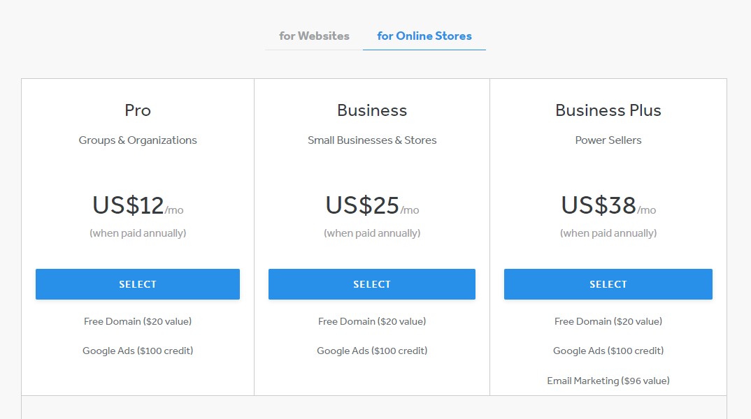 أسعار متاجر Weebly عبر الإنترنت