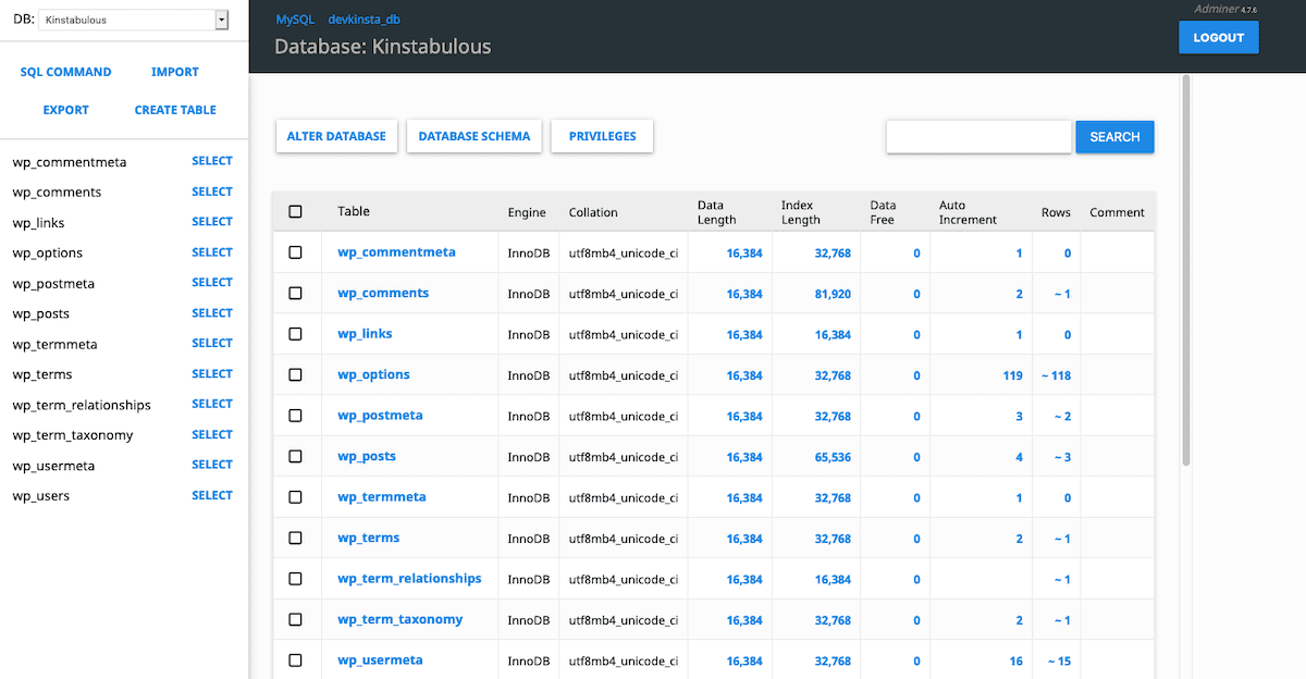 Gerenciador de banco de dados do DevKinsta.