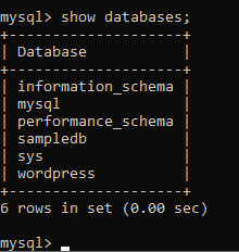 Se afișează bazele de date MySQL.