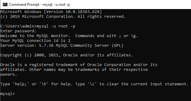 Connexion à MySQL via le terminal.