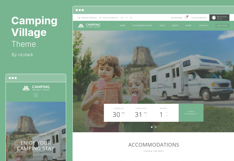 Camping Village Theme - Campingplatz Wohnwagen Wanderzelt Unterkunft WordPress Theme