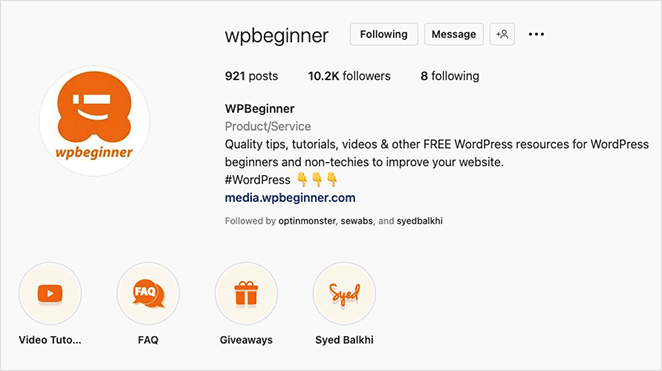 Tautan instagram WPBeginner