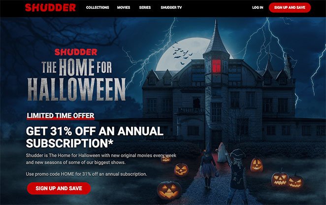 Offre d'halloween de la page de destination des médias sociaux Shudder