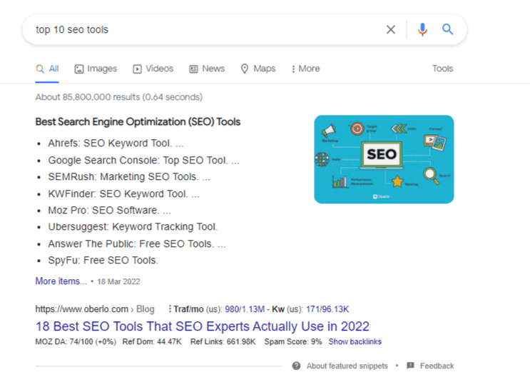 مقتطف مميز على Google SERP.