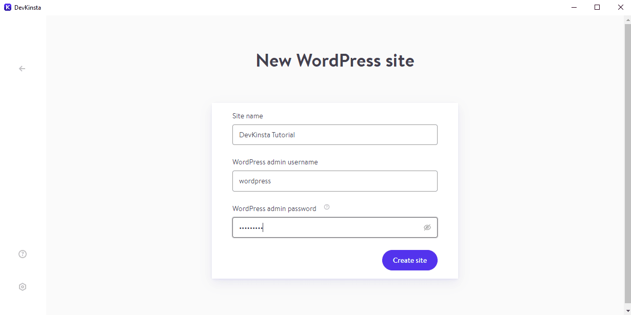 DevKinsta'nın yeni WordPress site oluşturma ekranı.