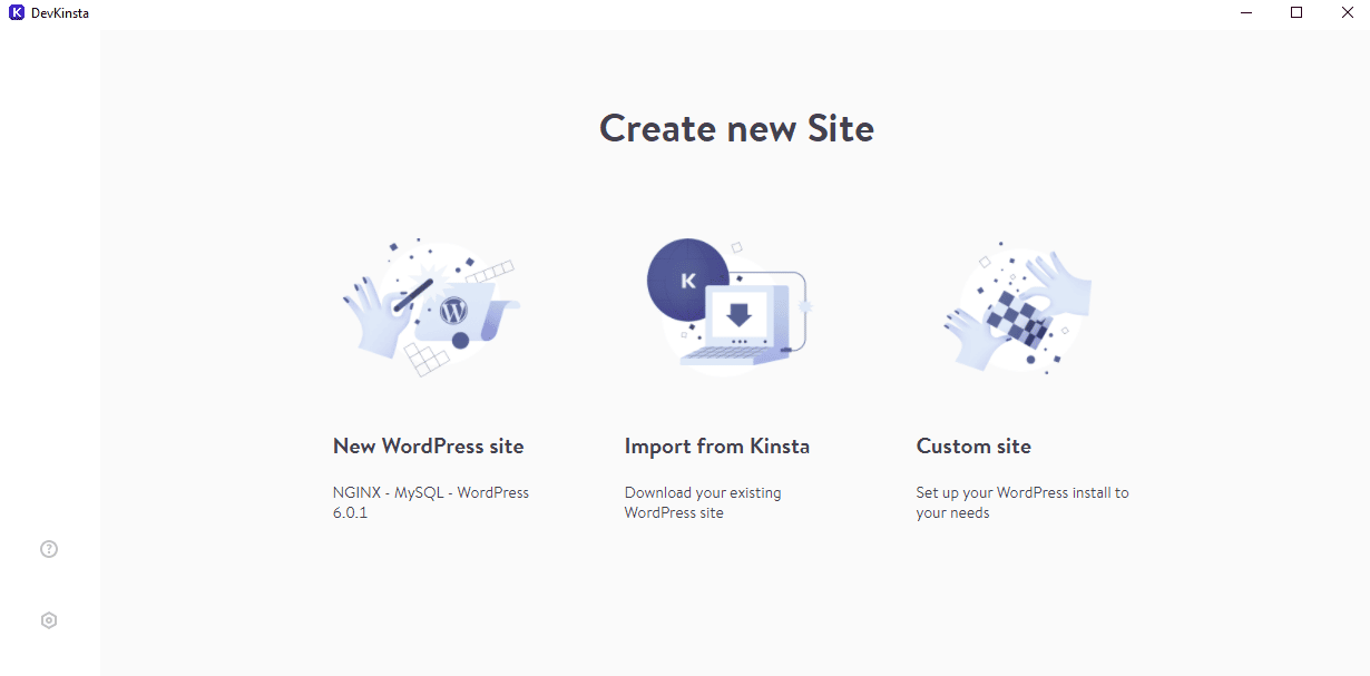 Le nouvel écran de création de nouveau site de DevKinsta.