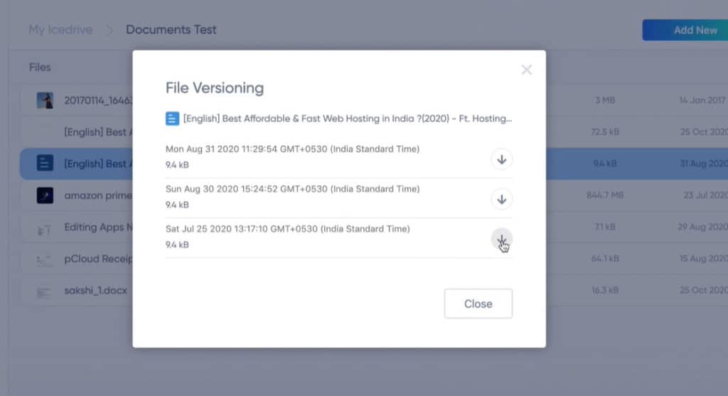 versionamento de arquivos icedrive