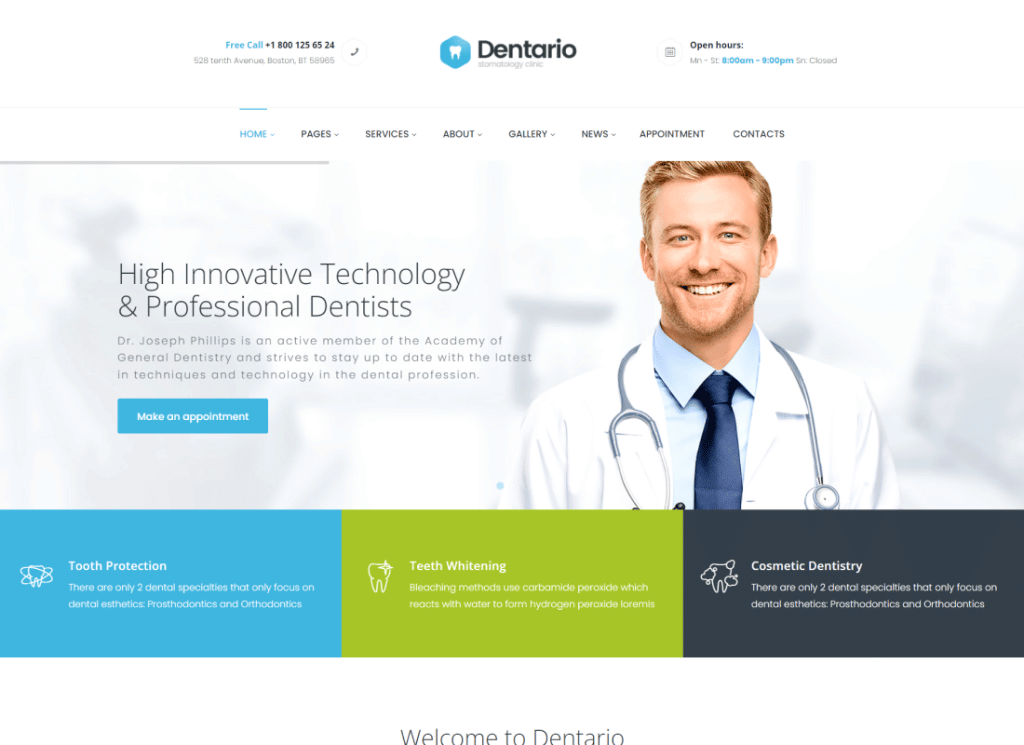 Dentario - 치과 의사, 의료 및 의료 WordPress 테마