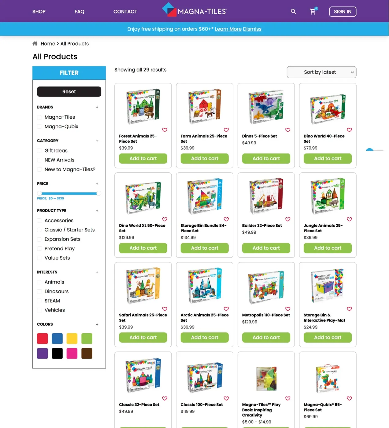 Listados de productos de MagnaTiles con filtros en la barra lateral