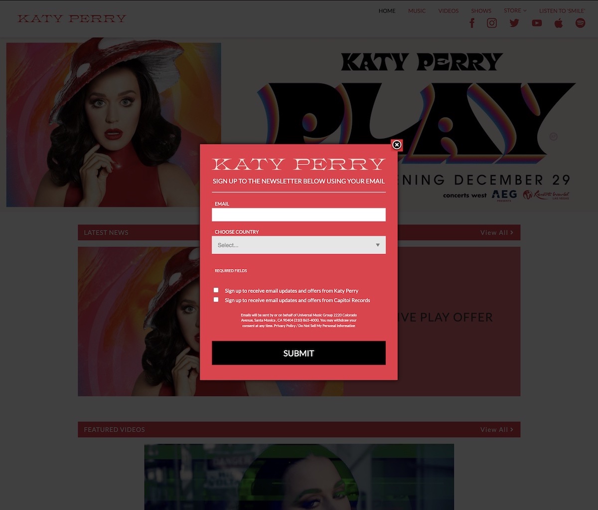 Popup di iscrizione alla newsletter di Katy Perry