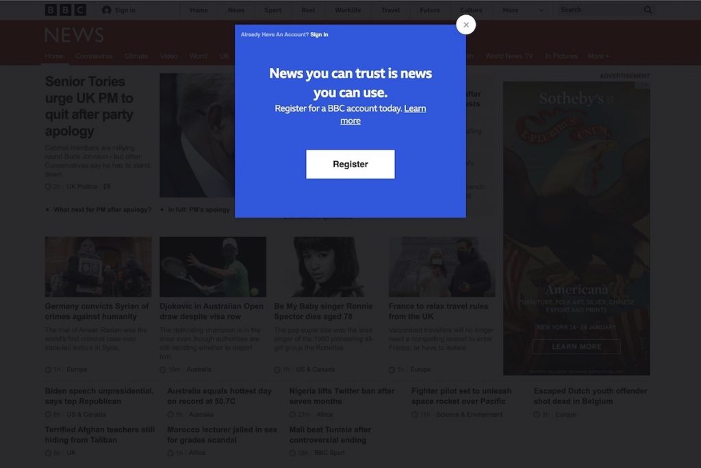 BBC ニュースへのサインアップ ポップアップ