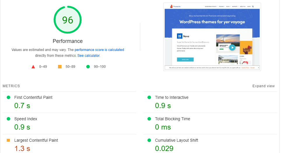 Оценка производительности PageSpeed ​​​​Insights