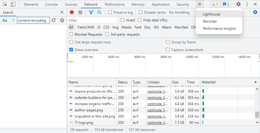 Zugriff auf Lighthouse über die Entwicklertools