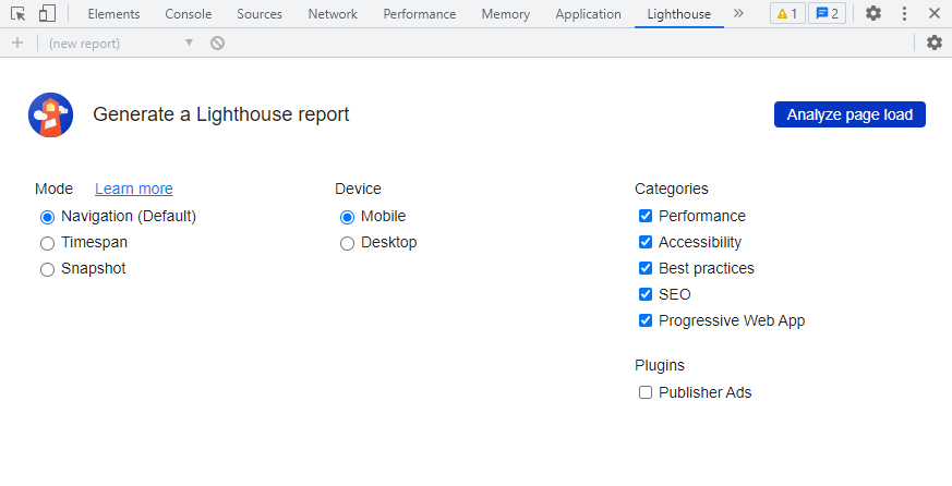 Generación de un informe en Lighthouse