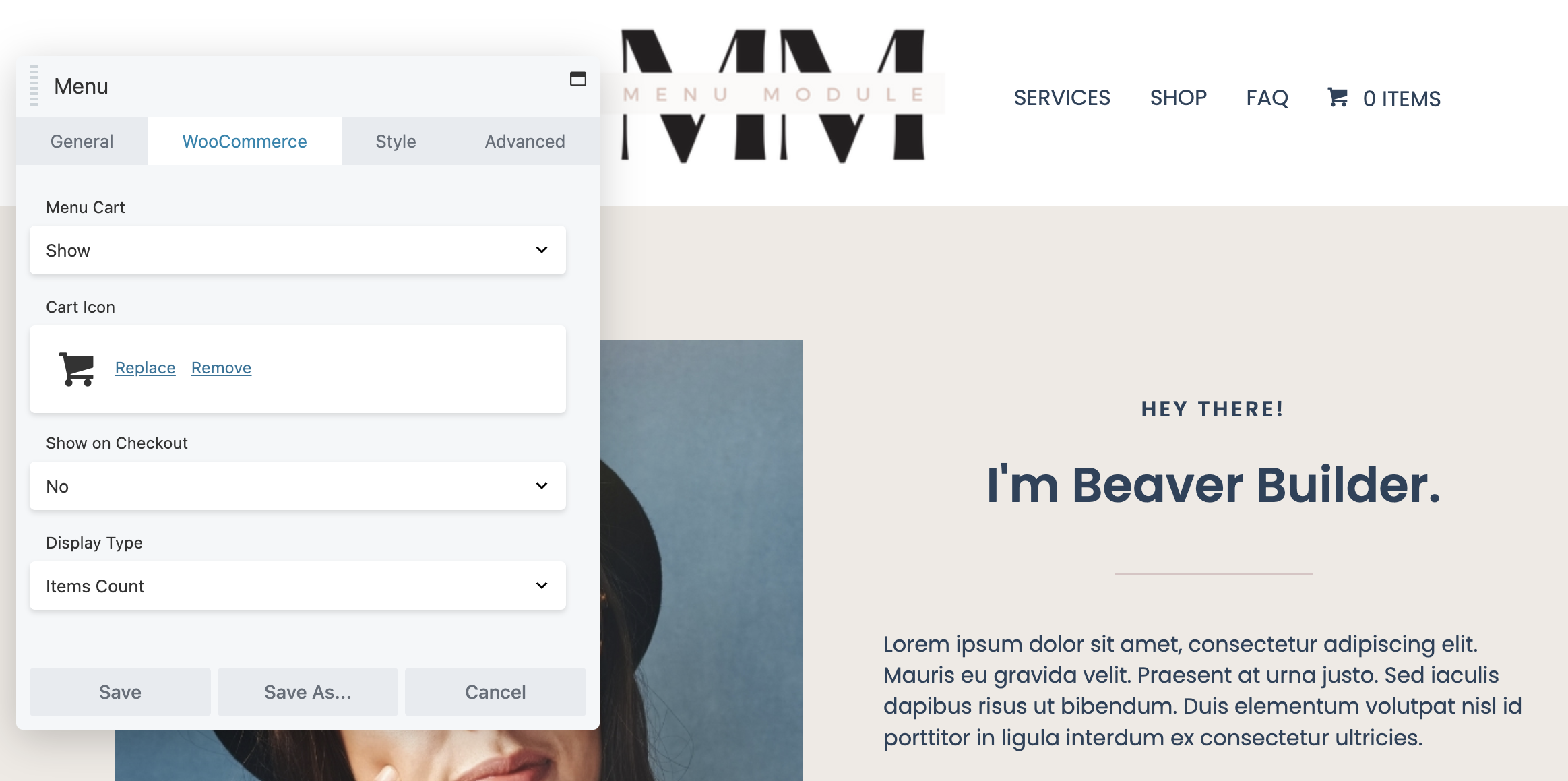 Beaver Builder-Menümodul Registerkarte WooCommerce