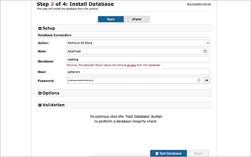 安装 Databased- 移动 WordPress 网站