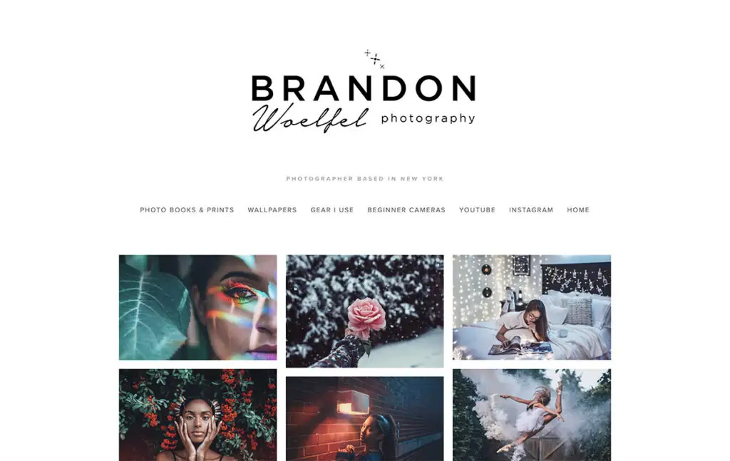 Brandon Woelfel fotógrafo afincado en Nueva York. Sitio web muy limpio y sencillo, con un diseño de cuadrícula y un logotipo grande en la parte superior con la navegación debajo.