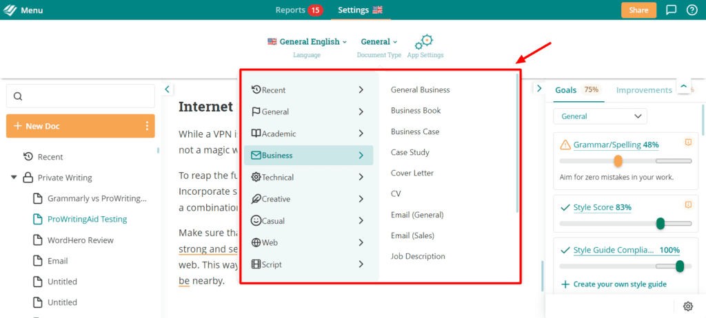 Zieleinstellungen in ProWritingAid