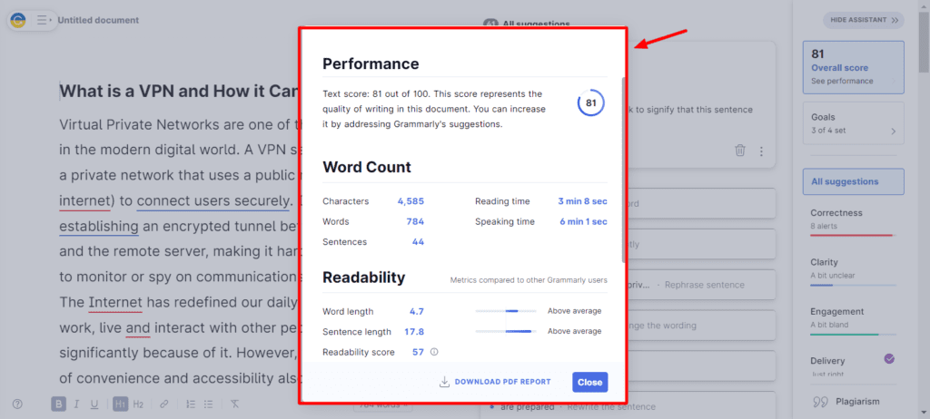 Grammarly - 콘텐츠 점수 및 보고