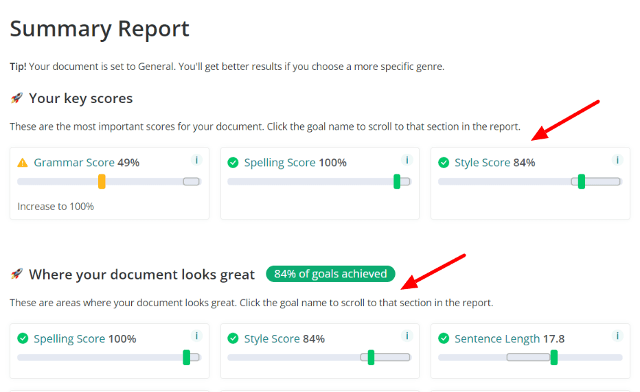 ProWritingAid - Puntuación de contenido e informes