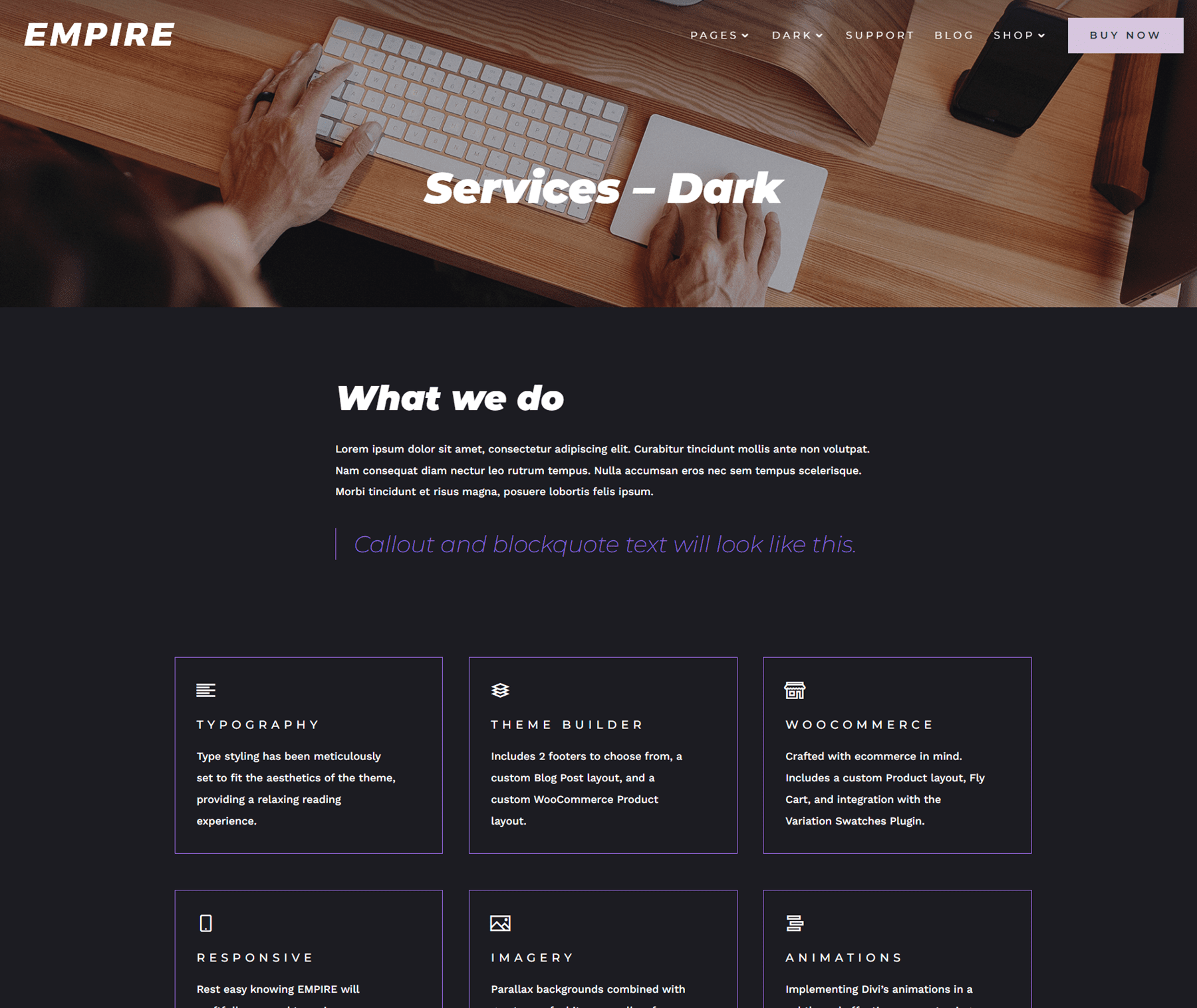 Empire Divi Child Theme Services Dark