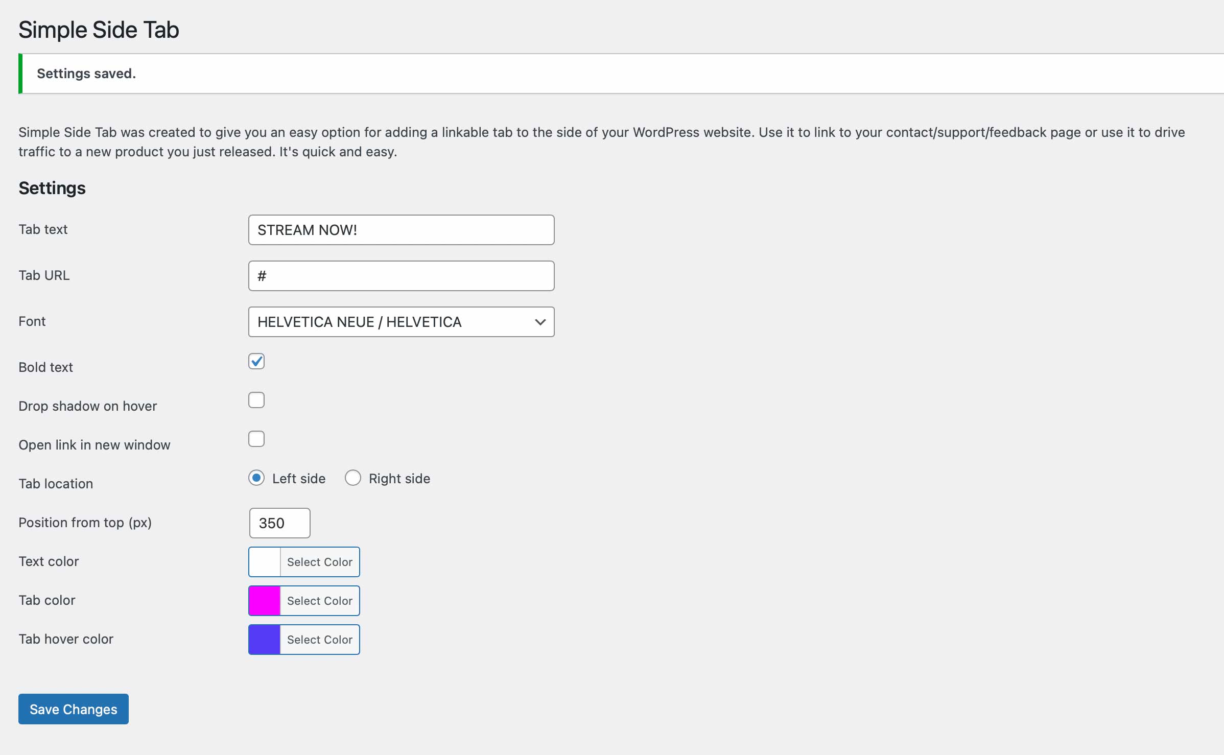 Configuración del complemento de WordPress de pestaña lateral simple