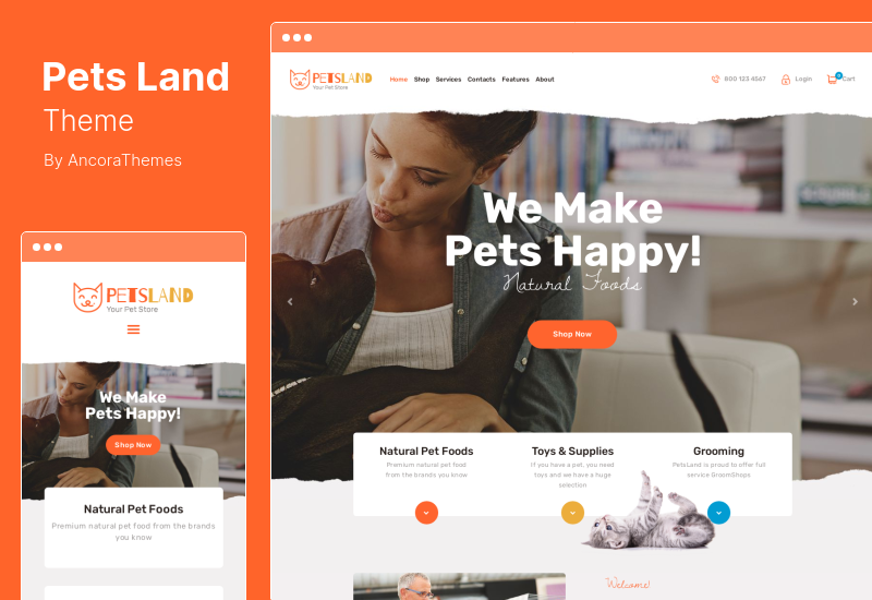 Pets Land 테마 - 가축 상점 및 수의학 WordPress 테마