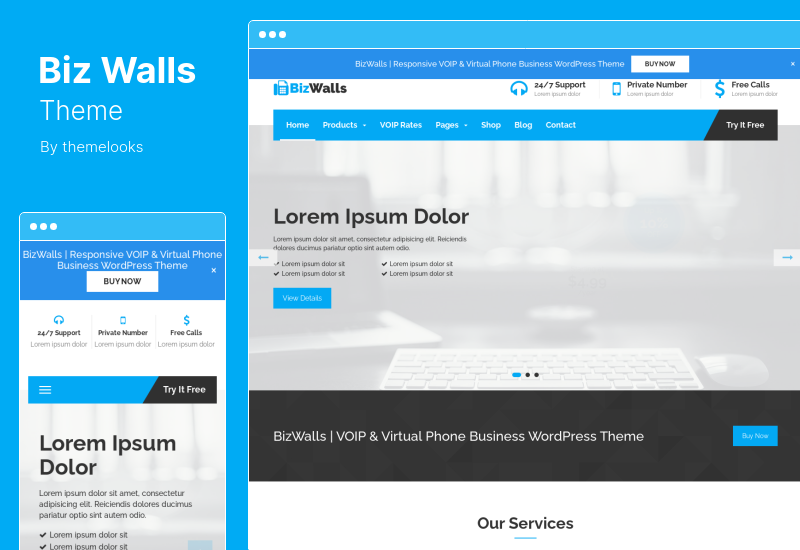 BizWalls テーマ - レスポンシブ VOIP & 仮想電話ビジネス WordPress テーマ