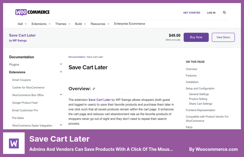 Save Cart Later Plugin - 管理者とベンダーは、マウスをクリックするだけで製品を保存できます